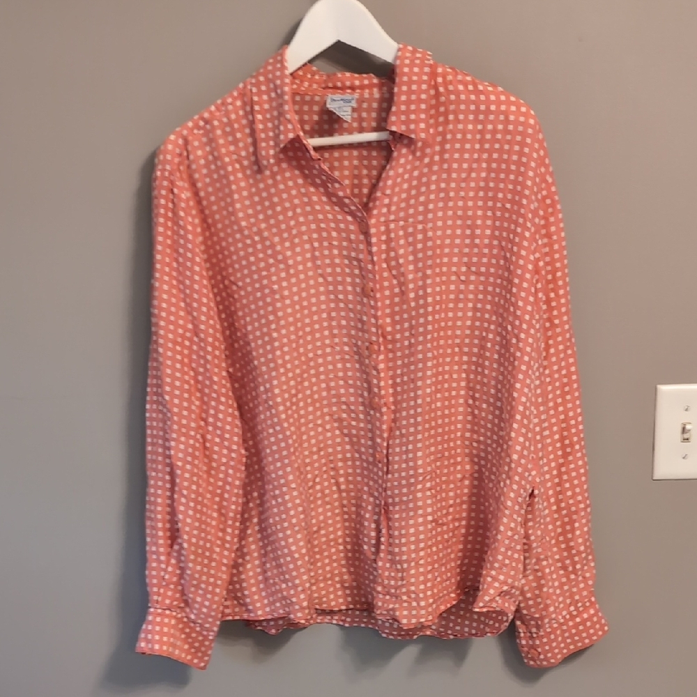 Vintage SILK Coral Checkered Button Down Shirt
